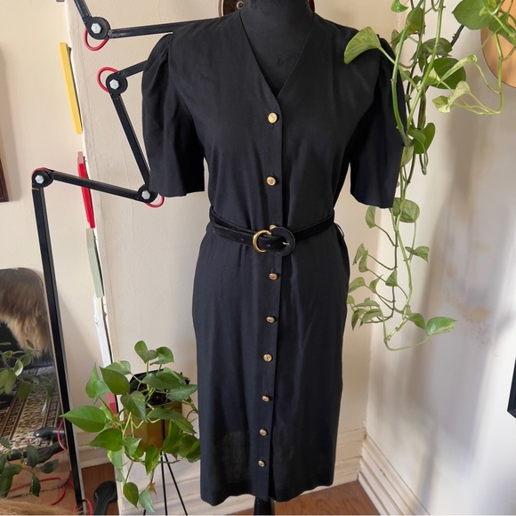 Vtg 80s Damon Petite Black Gold Button Dress - Union Made - Size 8 - Picture 2 of 11